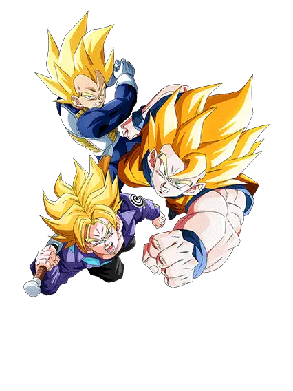 Son Goku Super Saiyan & Vegeta Super Saiyan & 
Trunks Super Saiyan (jeune)